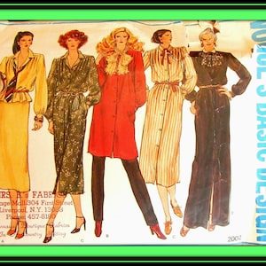 May include: A sewing pattern for four different dress designs. The pattern is from Vogue's Basic Design collection and is dated 2002. The dresses are shown in various colors and fabrics, including a yellow dress, a green dress, a red dress, and a striped dress.