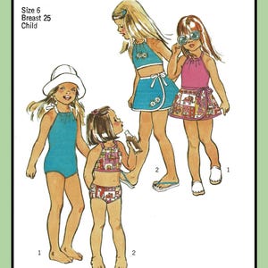 May include: A vintage sewing pattern for children's swimwear. The pattern includes three different styles: a one-piece swimsuit, a two-piece swimsuit with a skirt, and a halter top with a wrap skirt. The pattern is for stretch knits only. The pattern number is 6422. The price is 85 cents.