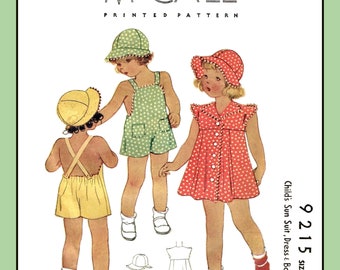 Childs SUN SUIT, Dress, BONNET Hat Girls McCall 9215 Vintage 1937 Sewing Pattern