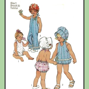 Op de afbeelding: Een vintage naaipatroon voor kleding voor kleine meisjes. Het patroon bevat drie verschillende stijlen: een romper, een jurk met een geruitte zoom en een jurk met een geplooide rok. Het patroon is Simplicity 6418 en kost 85 cent.