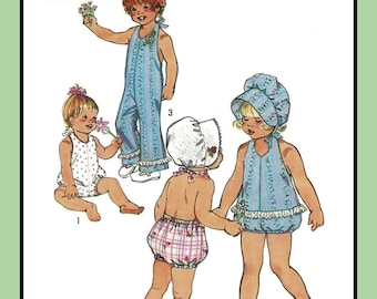 May include: A vintage sewing pattern for toddler girl's clothing. The pattern includes three different styles: a romper, a dress with a ruffle bottom, and a dress with a gathered skirt. The pattern is Simplicity 6418 and costs 85 cents.