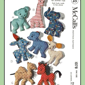 Assorted Stuffed Animals Lion giraffe Elephant donkey Bear Lamb Camel Horse McCall&#39;s 1078 Vintage 1943 Craft Sewing Pattern