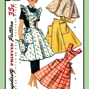 May include: Simplicity pattern 1358, showcasing four apron designs. The aprons include a white floral apron, a yellow apron with lace trim, a red and white checkered apron, and a white apron with a red bow.
