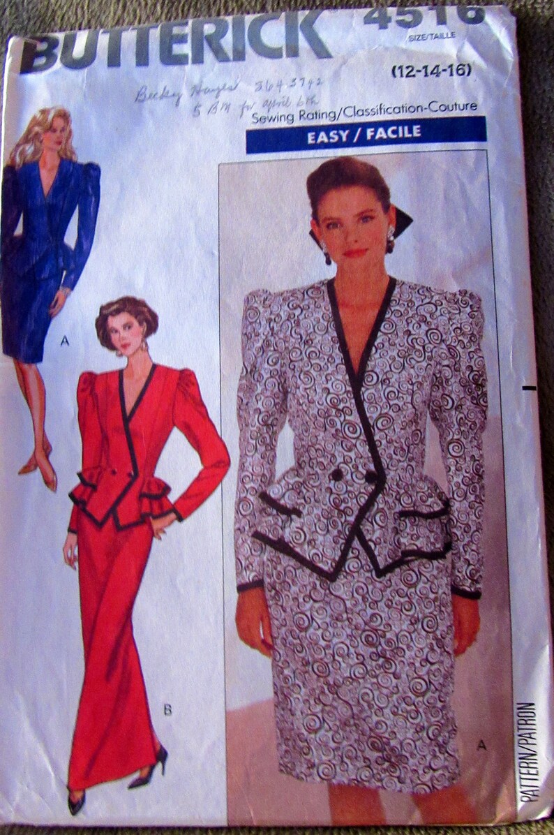 SUIT Rare Fitted TOP and SKIRT Vintage 1989 Butterick 4516 Misses Sizes 6-8-10 or 12-14-16 Fabric Sewing Pattern