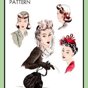 May include: Vintage Vogue pattern illustration featuring four women's headwear designs. The image includes the text "Vogue Pattern" and "23 Head Size". The illustrations showcase various hat styles, including a beret, a veiled hat, and a hat with a red bow.