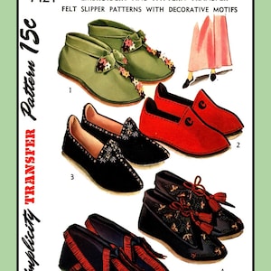 Felt SLIPPERS Bootie 5 Styles EMBROIDERY S-M-L Simplicity 7424 Vtg 1948 Sewing Pattern