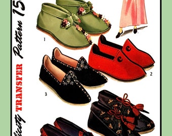 Felt SLIPPERS Bootie 5 Styles EMBROIDERY S-M-L Simplicity 7424 Vtg 1948 Sewing Pattern
