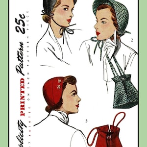 Könnte beinhalten: Ein Vintage-Schnittmuster von Simplicity für einen Hut. Das Schnittmuster ist für ein 25-Cent-Stück und wird auf jedes Schnittmusterteil gedruckt. Die Schnittmuster-Nummer ist 2963 und die Größe ist Einheitsgröße. Das Schnittmuster zeigt drei verschiedene Hutmodelle, jedes mit einer anderen Farbe und einem anderen Design.