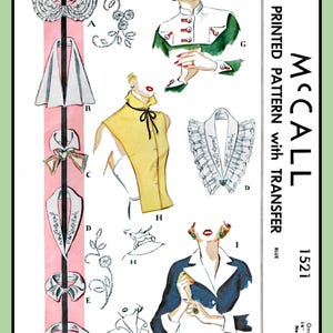 Puede incluir: Un sobre de patrón impreso McCall 1521 para cuellos, puños y una pechera. La ilustración muestra varios estilos de cuellos etiquetados de la A a la I, incluyendo diseños con volantes, puntiagudos y de cuello alto, con el texto Ladies' and Misses' Collars.