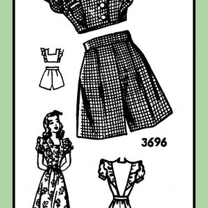 Könnte beinhalten: Eine Schwarzweißillustration eines Vintage-Schnittmusters für ein Kleid mit einem Rüschenoberteil und einem Rock. Die Schnittmuster-Nummer lautet 3696.