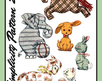 6 Small Stuffed Animals Pattern CAT Bunny DOG Lamb HORSE Elephant Toys Simplicity 4510 Vtg 1953 5.5"-9.5"