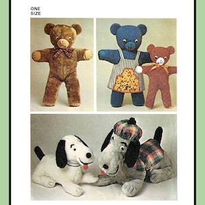 May include: Vintage Simplicity sewing pattern 6062 featuring stuffed animal designs. The pattern includes instructions for making teddy bears and dog plushies. The bears have bow ties and aprons. The dogs have hats and plaid accents. The pattern is one size.