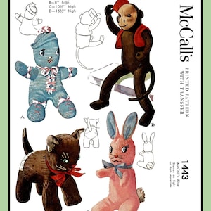 May include: A vintage sewing pattern for making stuffed sock toys. The pattern includes instructions for making a monkey, a bunny, a cat, and a gingerbread person. The pattern is printed on paper with a transfer included. The pattern is for McCall's Blue Stamps and is 35 cents.