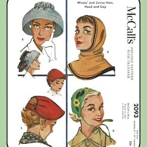 Pode incluir: Padrão de costura vintage McCall's 2093 com ilustrações de chapéus e capuzes femininos. O padrão inclui uma variedade de estilos, incluindo um cloche, capuz e boné. Adequado para um tamanho de cabeça de 53-58 cm.