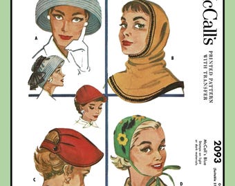 Ladies HOOD Sewing Pattern Cap SUNHAT Hat Adjustable Sizes 21-1/2"-23" McCall's 2093 Vtg 1956