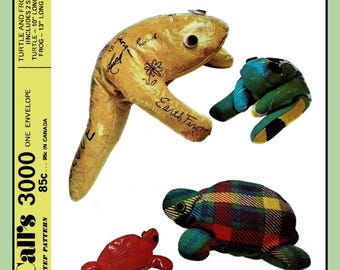 Animal BEAN Bag Pattern FROG TURTLE McCall&#39;s 3000 Vtg 1971 10 x 15 and 13 x 21