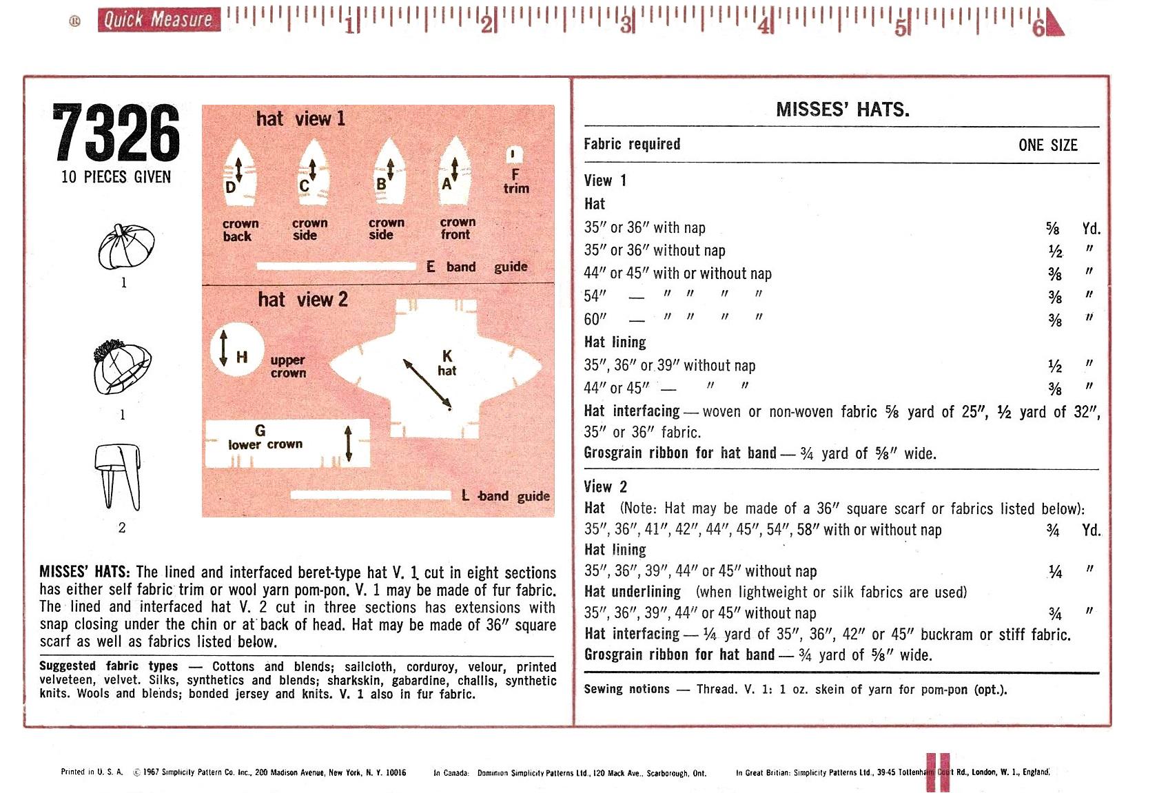 Ladies BERET Unique Toque Hat W CHINSTRAP Simplicity 7326 Vtg 1967 ...