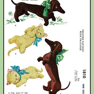 Dachshund Dog KITTEN Cat Puppy Stuffed Animals Craft Sewing Pattern 1810 Vtg 1953