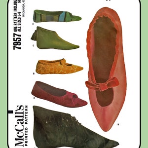 May include: A McCall's sewing pattern for ladies' felt and fabric slippers. The pattern number is 7957 and includes sizes 5-9. The pattern shows five different styles of slippers, including a green slipper with a tassel, a yellow slipper with a buckle, a red slipper with a bow, a black slipper with a buckle, and a pink slipper with a pointed toe.
