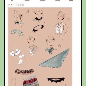 May include: A vintage Vogue sewing pattern envelope, number 8161, size 16, 34 bust. The illustration features various collar styles, a triangular scarf, a belt, and a skirt. Text includes 8161, 50c, in Canada 55c, Vogue Pattern, and copyright 1955.