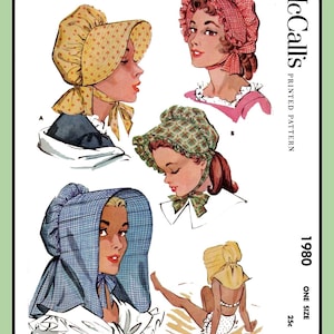 May include: Vintage McCall's sewing pattern for Misses' and Girls' Sunbonnets. The illustration features four different bonnet styles, including a yellow floral print, a red gingham, a green plaid, and a blue plaid bonnet. The pattern is from 1980 and is one size.