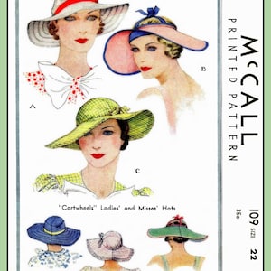 Puede incluir: Patrón de costura vintage de McCall's para sombreros de mujer y señorita "Cartwheels". El patrón incluye instrucciones para tres estilos de sombreros diferentes: un sombrero de paja de ala ancha con una cinta roja, un sombrero de sol rosa con una banda azul y un sombrero de paja verde de ala ancha.