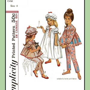 May include: Simplicity sewing pattern number 5080 for a child's pajamas. The pattern includes three different styles: a white nightgown with lace trim, a red and white striped pajama set, and a pink pajama set with a floral print. The pattern is suitable for border print fabrics.