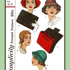 Patrón 2244 de sombrero cloche a medida, bolso de mano, gorra, costura artesanal, vintage, 1957, 22"