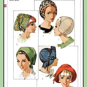 May include: Vintage Simplicity sewing pattern featuring illustrations of women wearing various head coverings. The pattern includes a leopard print headscarf, a floral bonnet, a red hat, and other styles. The text "6769" and "Simplicity" are visible.