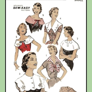 Peut inclure: Un patron de couture vintage pour un chemisier à col avec différents styles de col. Le patron est de la marque Advance, connue pour ses instructions faciles à suivre. Le numéro du patron est 7861 et il est pour une taille petite.