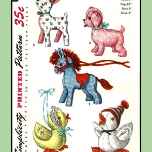 Stuffed Animals HORSE Duck DOG Chick LAMB Toy Simplicity 1404 Vintage 1950&#39;s Craft Sewing Pattern