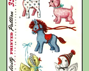 vintage 1955 peluche motif CHIOT canard cheval poussin agneau simplicité 1404