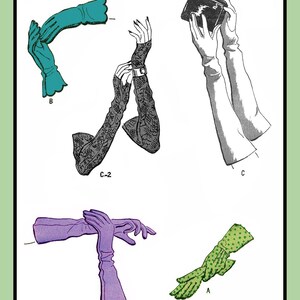 Könnte beinhalten: Eine Schnittmusterhülle mit dem Titel THE PATTERN SHACK B4260 Size 7 mit Illustrationen verschiedener Handschuhstile. Die Designs umfassen türkisfarbene Handschuhe mit Wellensaum, schwarze Spitzenhandschuhe ohne Finger, lange weiße Abendhandschuhe, violette Opernhandschuhe und grüne Handschuhe mit Punkten.