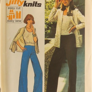 May include: Simplicity sewing pattern number 5497 for a knit top and trousers. The pattern is for stretch knits only. The pattern is for sizes 16 and bust 38 inches. The pattern is called "Jiffyknits" and features the text "easy cut" and "easy sew".