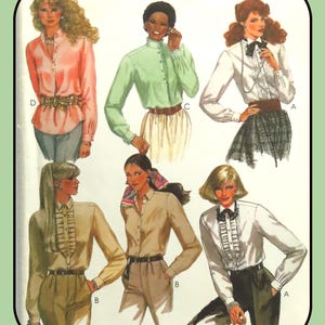 May include: A vintage sewing pattern showing illustrations of blouses in various styles. The blouses are in shades of pink, green, and white, with details such as ruffles, bows, and belts. The pattern includes the text "McCall's" and "Norton Simon Inc Company".