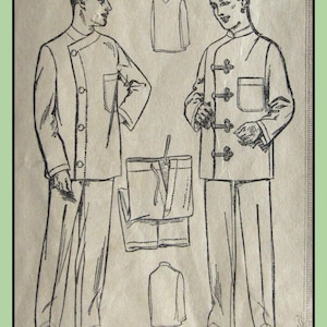 May include: Vintage sewing pattern illustration featuring two views of a pajama set. View A shows a jacket with buttons and a pocket, paired with pants. View B depicts a jacket with frog closures and a pocket, also with pants. Additional garment views are included.