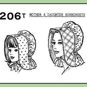 May include: A black and white sewing pattern illustration labelled 2206T MOTHER & DAUGHTER SUNBONNETS. The image displays two line drawings of sunbonnets, one with a polka dot pattern and one with a plaid pattern, each tied with a chin ribbon.