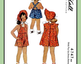 Vintage 1940's Childs DRESS Pattern PLAYSUIT Bonnet Girls RARE McCall 4747 Size 2