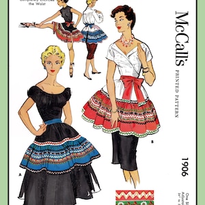May include: Vintage McCall's sewing pattern for Misses' wrap-around squaw aprons. The illustration shows three women wearing different apron styles with colorful, patterned trim. The pattern includes the number 1906 and the text "One Size Adjustable 24" to 30" Waist".