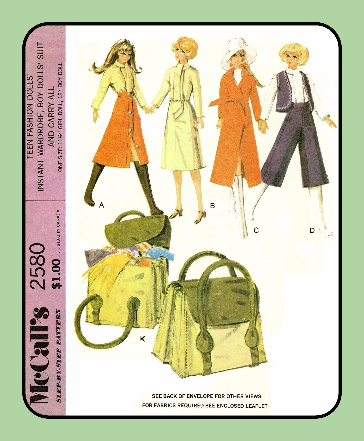 11-1/2" Girl Doll 12" Boy Doll Clothes w Carry-All McCall's 2580 Vtg 1970 Sewing Pattern