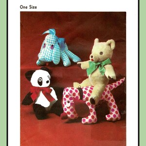 May include: Simplicity pattern 8908 features stuffed animal designs. The image shows a blue gingham dog, a panda with a red bow, a bear with a green bow, and a dog with a floral pattern. The pattern is one size.