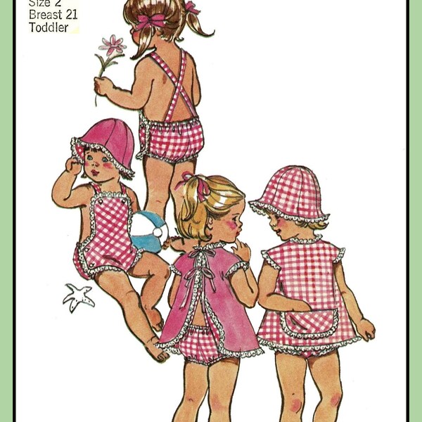 Toddler PLAYSUIT Sunsuit TOP Hat Girls Simplicity 5702 Vtg 1973 Sewing Pattern Sizes 1, 2 and 3