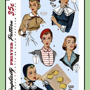 May include: A vintage Simplicity sewing pattern for collars and cuffs. The pattern is printed on a blue background and features five different styles of collars and cuffs. The pattern is labeled "1390" and "One Size".