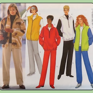 May include: A sewing pattern for five different jackets and pants. The pattern includes a brown jacket with a white and brown print, a yellow vest, a red jacket, a white and black jacket, and a green and blue jacket. The pattern also includes pants in beige, gray, red, black, and blue.