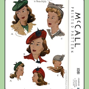 May include: A McCall printed pattern 1081 for berets in three styles. The illustration shows various headwear designs in green, red, and grey, featuring bows and decorative accents. Text includes 'Ladies' and Misses' Berets In Three Styles' and 'Headsize 23 Adjustable 1/2 Inch Larger or Smaller'.