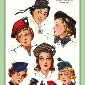 May include: A vintage McCall's sewing pattern for children's and misses' Scotch hats. The pattern includes instructions and diagrams for making five different styles of hats, including a red beret, a black beret, and a plaid tam.