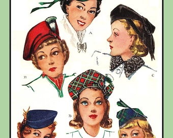 SCOTCH Beret Cap Hats Misses/Girls Fascinator McCall 741 Vintage 1939 Craft Sewing Pattern