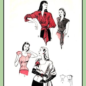 May include: Vintage Butterick sewing pattern illustration showing four women's garment designs. The designs include tops and a dress, with a bust size of 32 and size 14. The illustration is in black, red, and white.