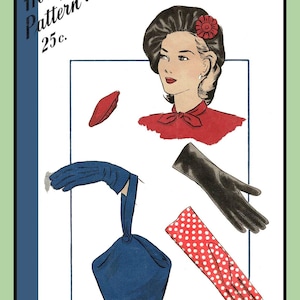 May include: A vintage sewing pattern for a red beret, blue handbag, and three pairs of gloves. The gloves are red with white polka dots, black leather, and blue leather. The pattern is from Hollywood Pattern, number 1661, and is for glove size 6 1/2.