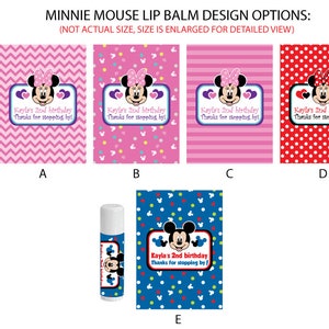 May include: Five different design options for Minnie Mouse lip balm labels. Each label features a different background pattern and includes the text "Kayla's 2nd birthday Thanks for stopping by!"